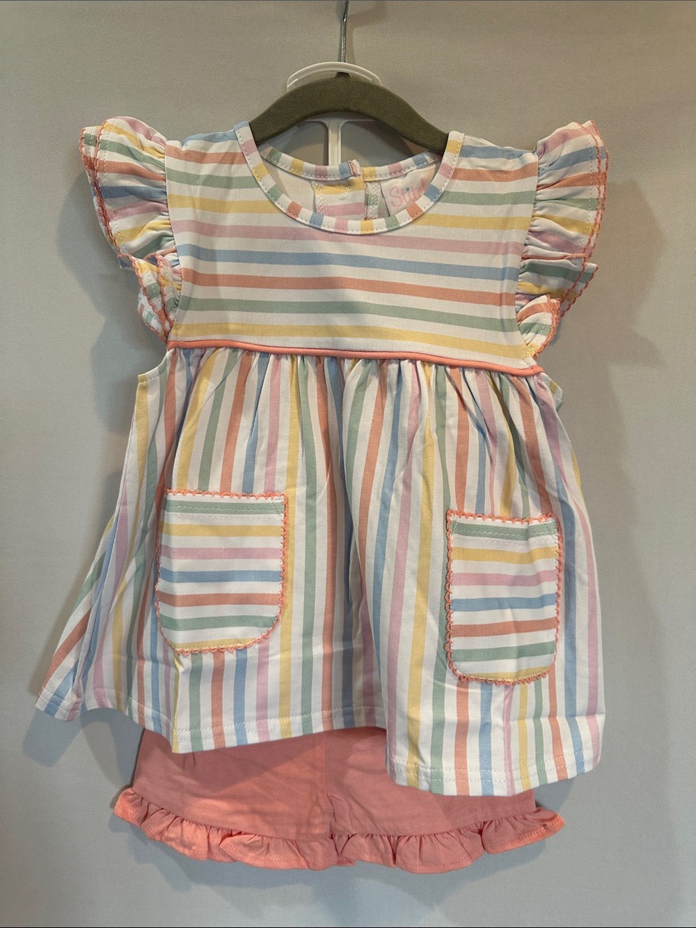 Striped Pastel Flutter-Sleeve Top and Shorts Set - Pastel Stripe -